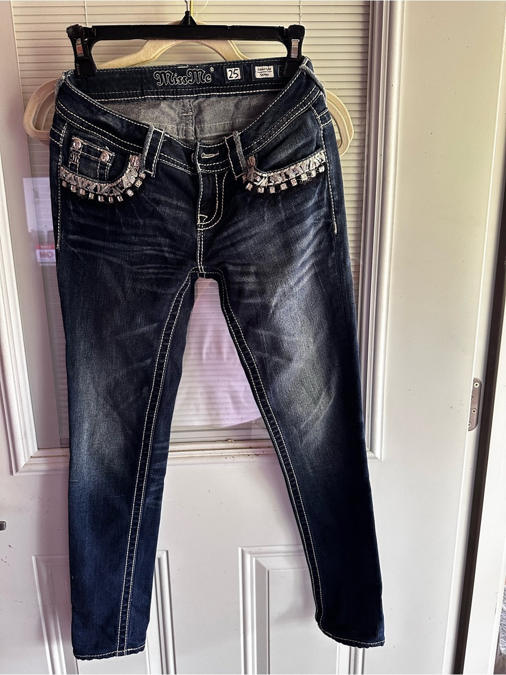 Miss Me Dark Blue Skinny Jeans with Crystal Pocket Accents